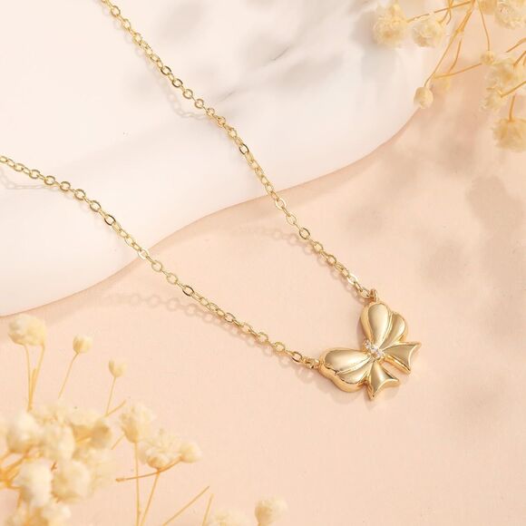 Coquette Bow Necklace with CZ Stones Dainty Gold Bow Pendant Cubic Zirconia Gift - Picture 2 of 5
